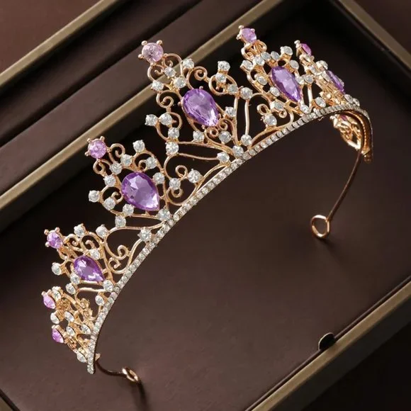 Gold Purple Tiara Crown Princess Queen headress jewelry bridal real metal cospla - Picture 3 of 3